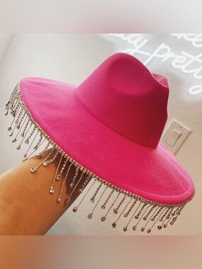 Blue B Collection Hot Pink Rhinestone Fringe Flatbrim Hat